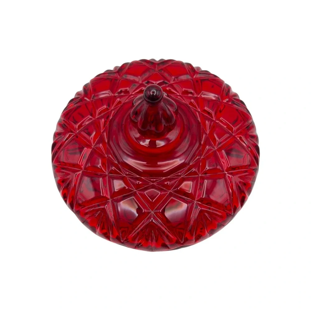Vintage Ruby Red Cut Glass Covered Candy Dish Candy Box Bowl with Lid 6.5